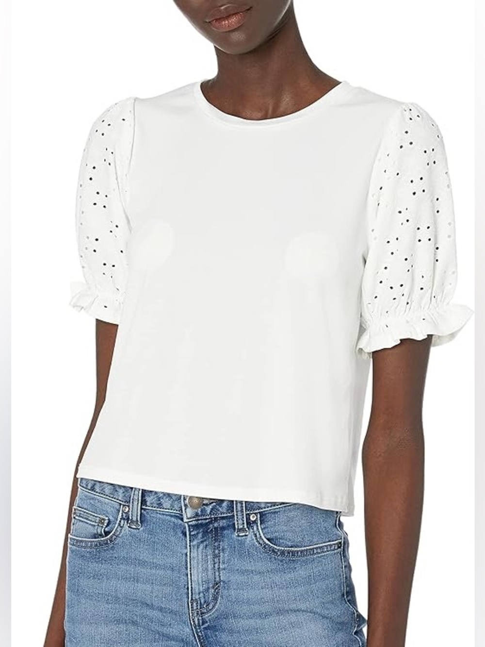 BCBGeneration Women's Size Medium Balloon Sleeve T-Shirt Optic White Eyelet Lace